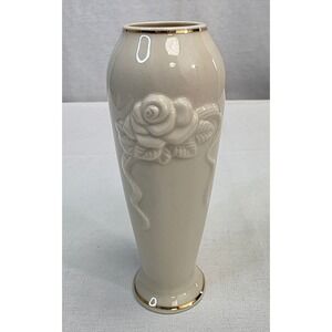 Lenox Ivory Porcelain Rose Bud Vase Gold Trim Dimensional Floral Relief 6 Inch